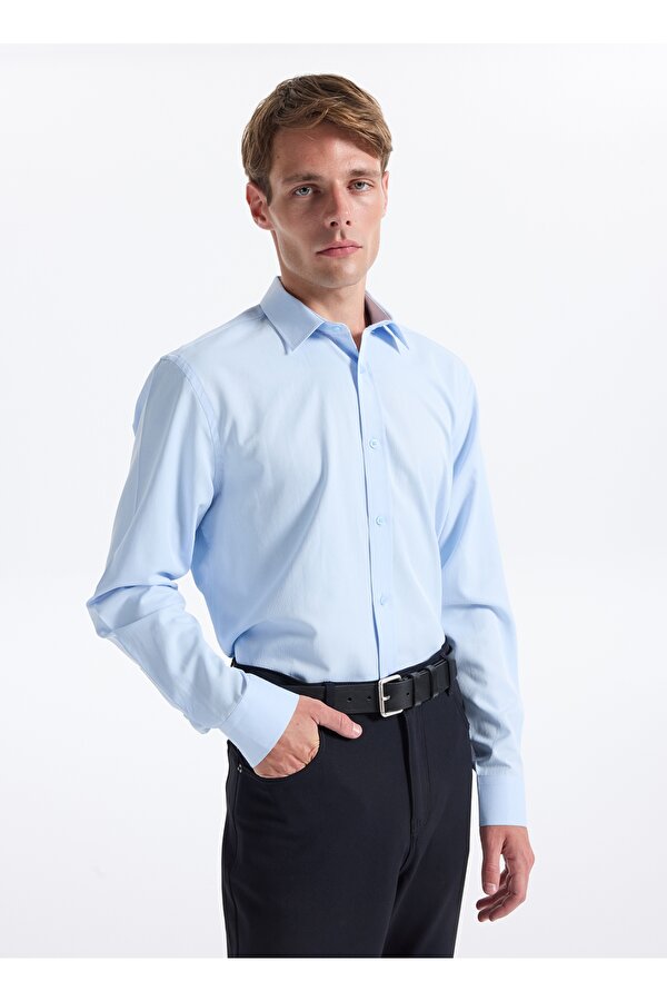 Fabrika Slim Fit Gömlek Yaka Armürlü Mavi Erkek Gömlek MAYDOS-Y 303