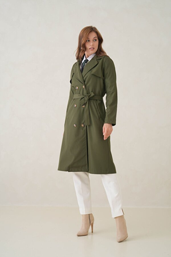 D1fference Su Geçirmez Kruvaze Yaka Sık Dokuma Kadın Trençkot