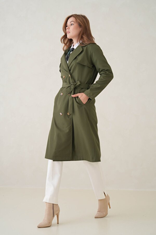 D1fference Su Geçirmez Kruvaze Yaka Sık Dokuma Kadın Trençkot