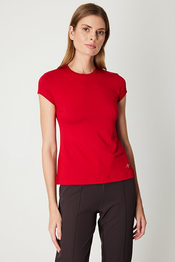 On Kadın Sıfır Yaka Ay Kol Basic Bluz 61302 Kırmızı