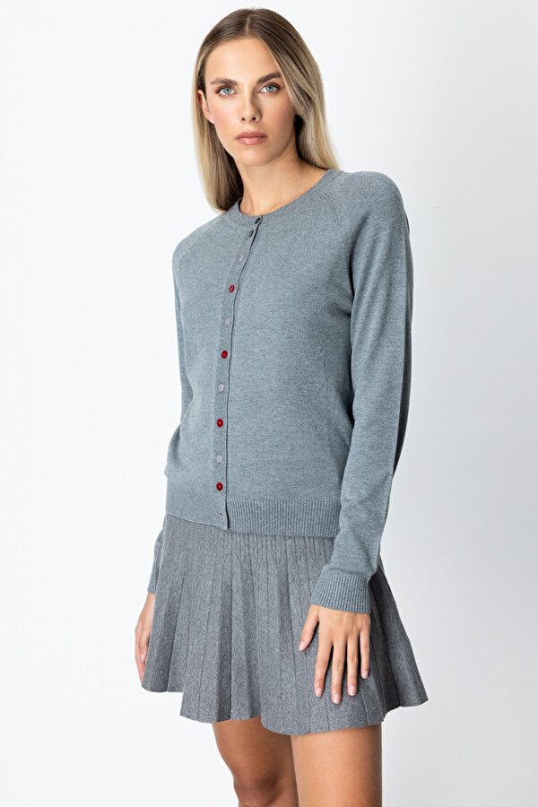 On Kadın Renkli Düğmeli Sıfır Yaka Triko Hırka 65921 Gri