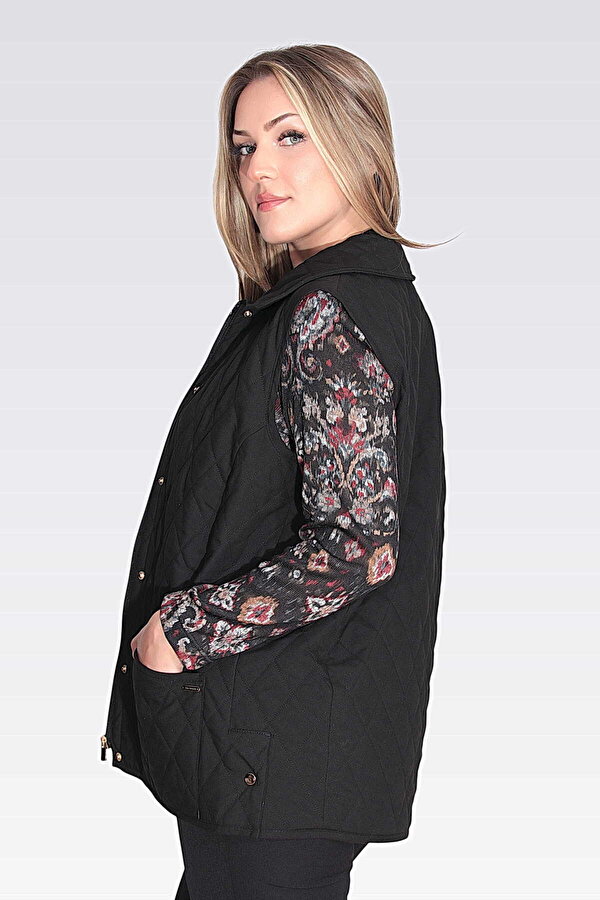 Tolga Saraçoğlu Kadın Ekose Astar Detaylı Hafif Elyaf Kapitone Yelek 70043 Siyah