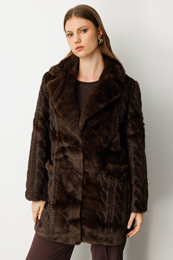 Ekol Kadın Büyük Beden Kruvaze Yaka Torba Cepli Kaban 6961 Kahverengi