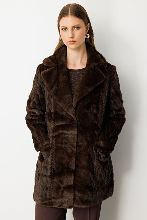 Ekol Kadın Büyük Beden Kruvaze Yaka Torba Cepli Kaban 6961 Kahverengi