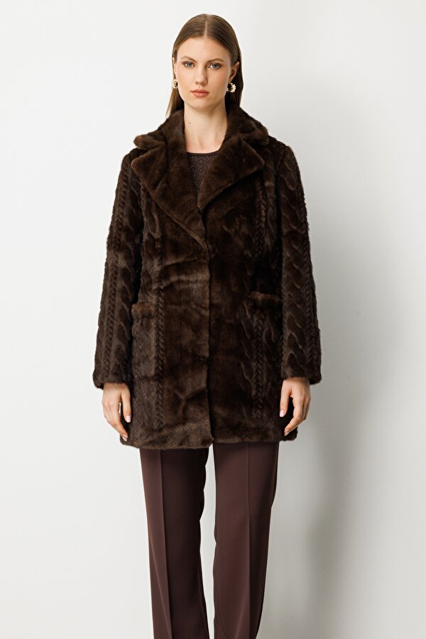 Ekol Kadın Büyük Beden Kruvaze Yaka Torba Cepli Kaban 6961 Kahverengi