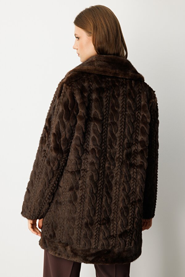 Ekol Kadın Büyük Beden Kruvaze Yaka Torba Cepli Kaban 6961 Kahverengi