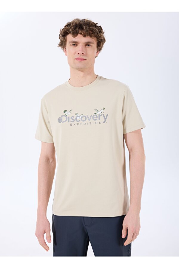 Discovery Expedition D4SM-TST3310 Bej Bisiklet Yaka Basic Baskılı Erkek T-Shirt