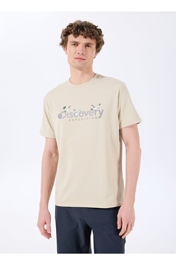 Discovery Expedition D4SM-TST3310 Bej Bisiklet Yaka Basic Baskılı Erkek T-Shirt