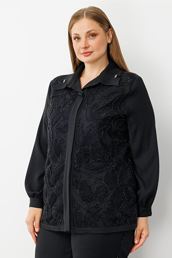 Moda İlgi Kadın Büyük Beden Yaprak Desenli Boncuk Detaylı Takma Kol Gömlek 0052 Siyah