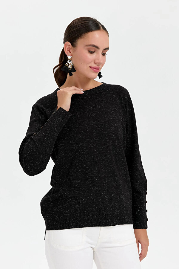 Desen Triko Kadın Sıfır Yaka Önü Kısa Arkası Uzun Bluz 23331 Siyah