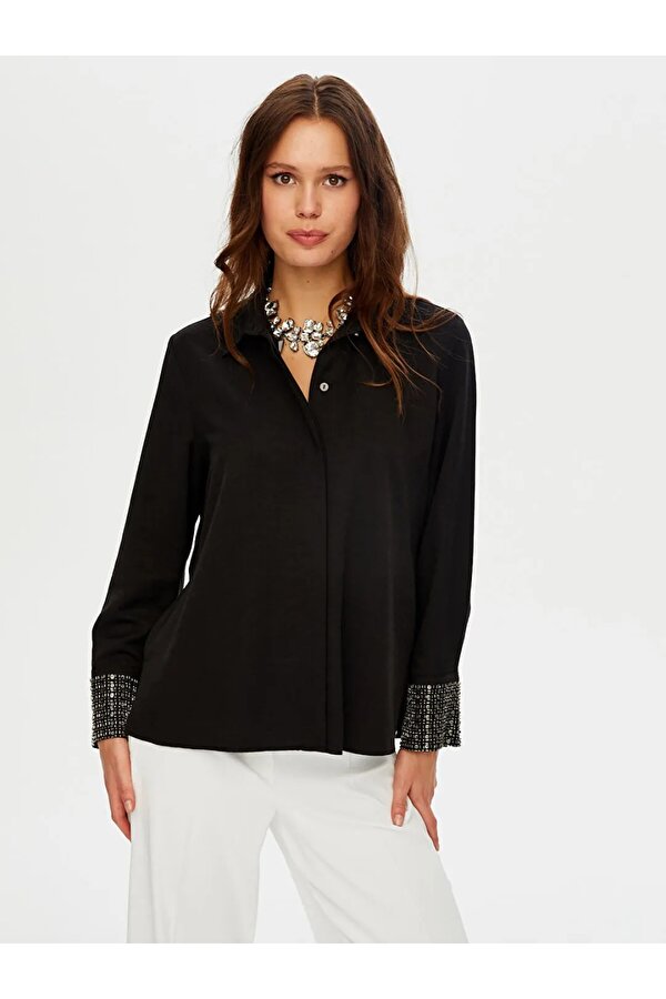 Faik Sönmez Kolları Boncuk Payet İşli Şık Kadın Gömlek W26GML011