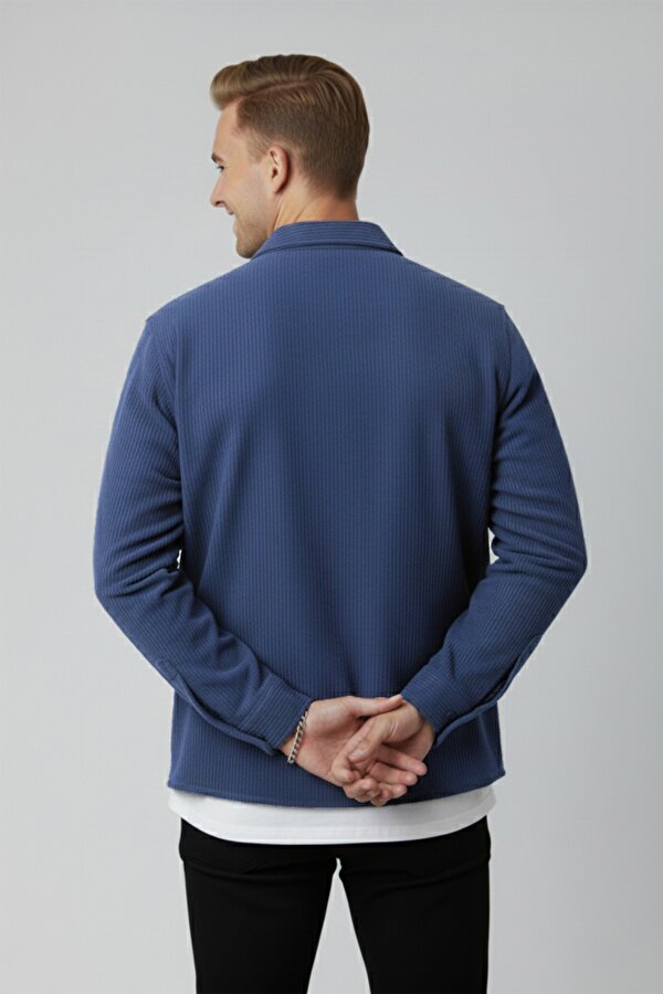 Deep Sea DeepSEA Mavi Cepli Likralı Kadife Kumaş Rahat Kesim Erkek Gömlek – Yumuşak Dokulu, Şık Tasarım Gömlek 2600759