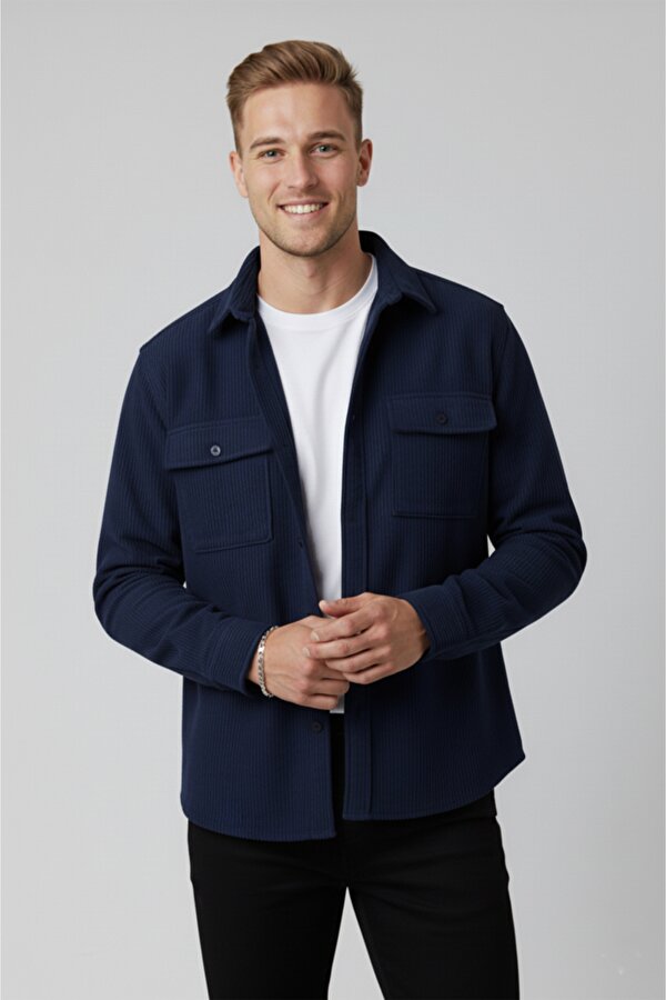 Deep Sea DeepSEA Lacivert Cepli Likralı Kadife Kumaş Rahat Kesim Erkek Gömlek – Yumuşak Dokulu, Şık Tasarım Gömlek 2600759