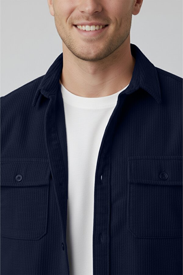 Deep Sea DeepSEA Lacivert Cepli Likralı Kadife Kumaş Rahat Kesim Erkek Gömlek – Yumuşak Dokulu, Şık Tasarım Gömlek 2600759