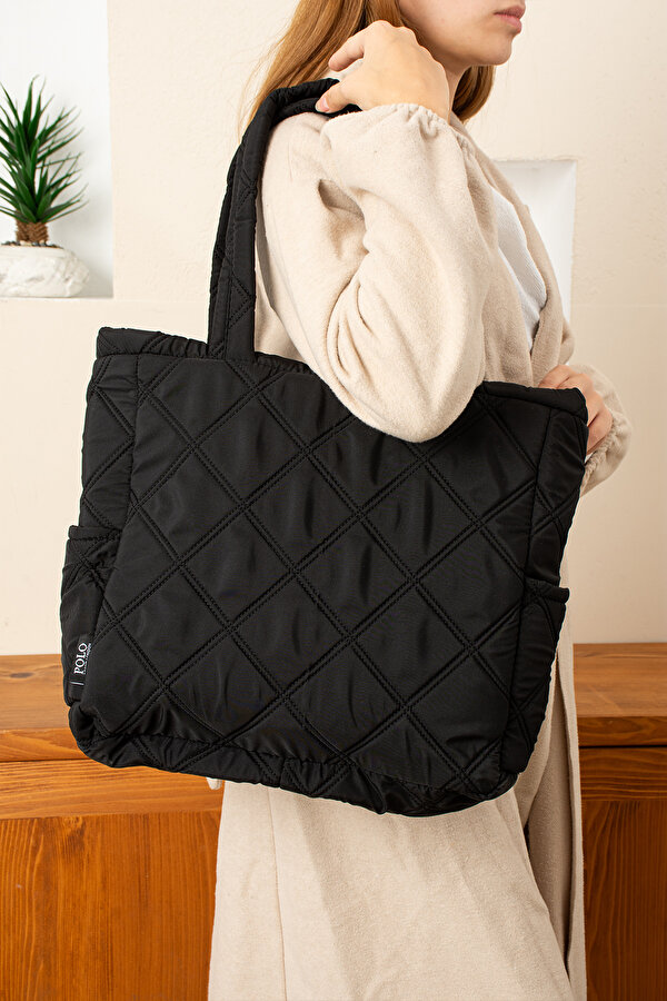 POLOGRAND London Orijinal Kadın Geniş Hacimli Konfor Modeli Fermuarlı Kapitoneli Tote Puf Şişme Shopper Kol Çantası