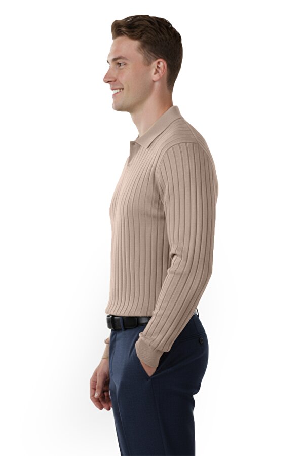 Deep Sea DeepSEA Erkek Bej Polo Yaka Fitilli Triko Kazak – %100 Pamuk, Esnek Dokulu, Modern Kalıp 2605305