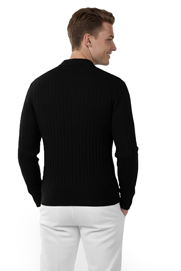 Deep Sea DeepSEA Erkek Siyah Polo Yaka Fitilli Triko Kazak – %100 Pamuk, Esnek Dokulu, Modern Kalıp 2605305