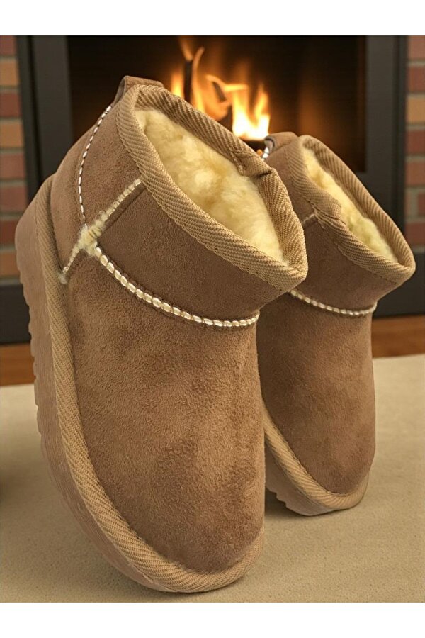 Ellaboni Kız Çocuk Taba Kalın Poli Taban İçi Kürklü Süet Görünümlü Mini Bot