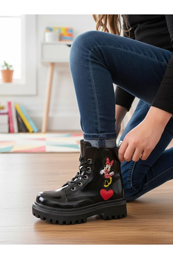 Ellaboni Kız Çocuk Suya Soğuk Havaya Dayanıklı Minnie Figürlü Kışlık Siyah Rugan Bot Ayakkabı