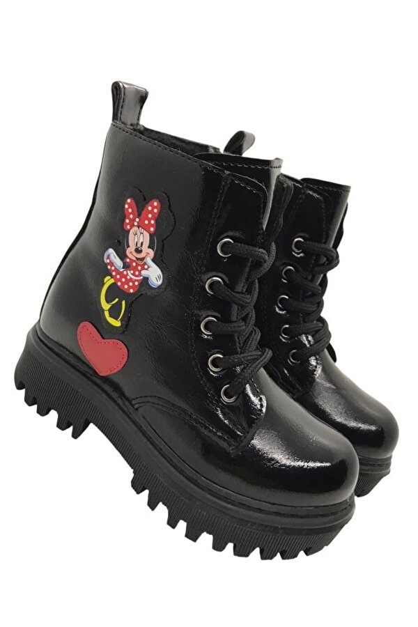 Ellaboni Kız Çocuk Suya Soğuk Havaya Dayanıklı Minnie Figürlü Kışlık Siyah Rugan Bot Ayakkabı
