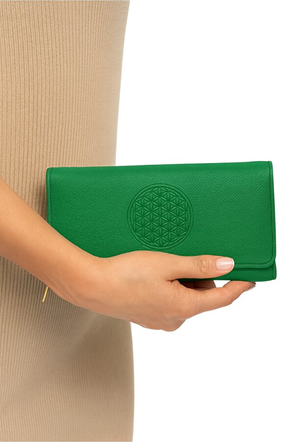 Adelina Bags Yaşam Çiçeği Baskılı Şans Cüzdanı Kağıt Bozuk Para ve Kartlık Bölmeli Yeşil Kadın Cüzdan