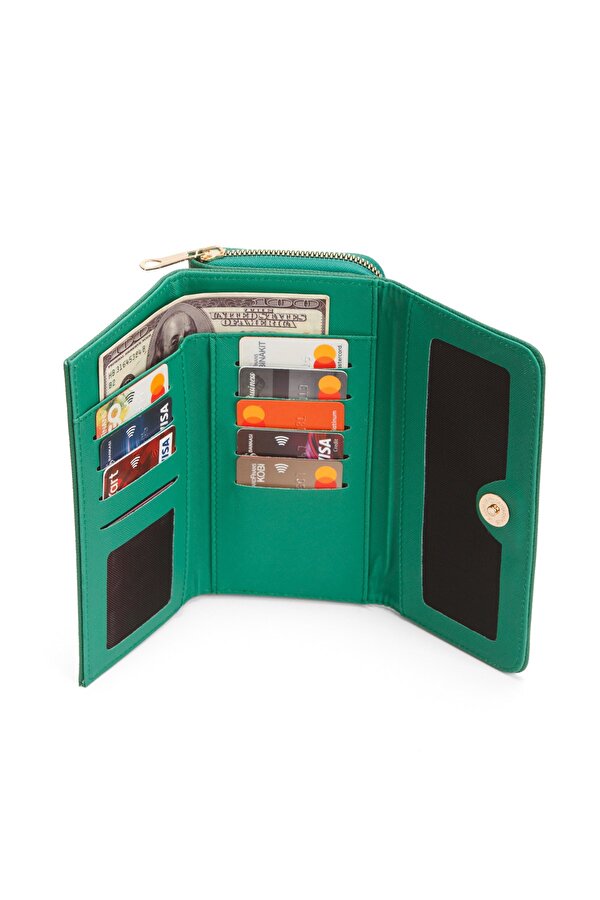 Adelina Bags Yaşam Çiçeği Baskılı Şans Cüzdanı Kağıt Bozuk Para ve Kartlık Bölmeli Yeşil Kadın Cüzdan