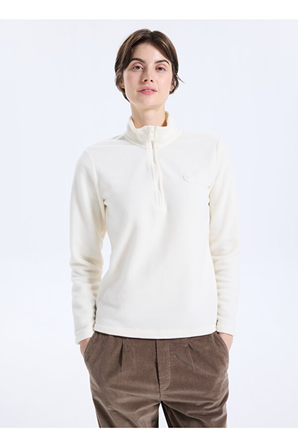 Discovery Expedition D5WL-SWT3302 Beyaz Fermuarlı Yaka Basic Düz Kadın Polar Sweatshırt