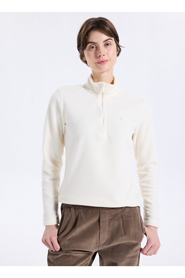 Discovery Expedition D5WL-SWT3302 Beyaz Fermuarlı Yaka Basic Düz Kadın Polar Sweatshırt