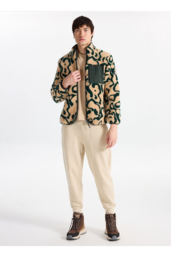 Discovery Expedition D5WM-SWT3807 Ekru - Yeşil Dik Yaka Relaxed Desenli Erkek Sweatmont