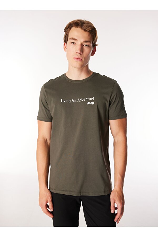 Jeep Bisiklet Yaka Baskılı Haki Erkek T-Shirt J4WM-TST7214