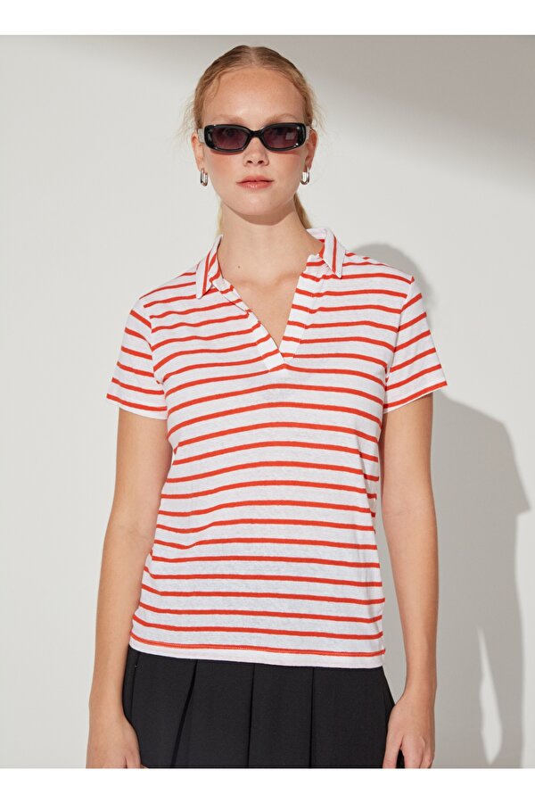 Fabrika Beyaz - Kırmızı Kadın Bisiklet Yaka Basic Çizgili Keten T-Shirt DEREK