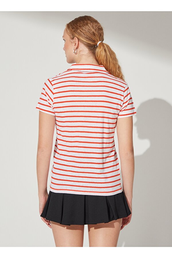 Fabrika Beyaz - Kırmızı Kadın Bisiklet Yaka Basic Çizgili Keten T-Shirt DEREK