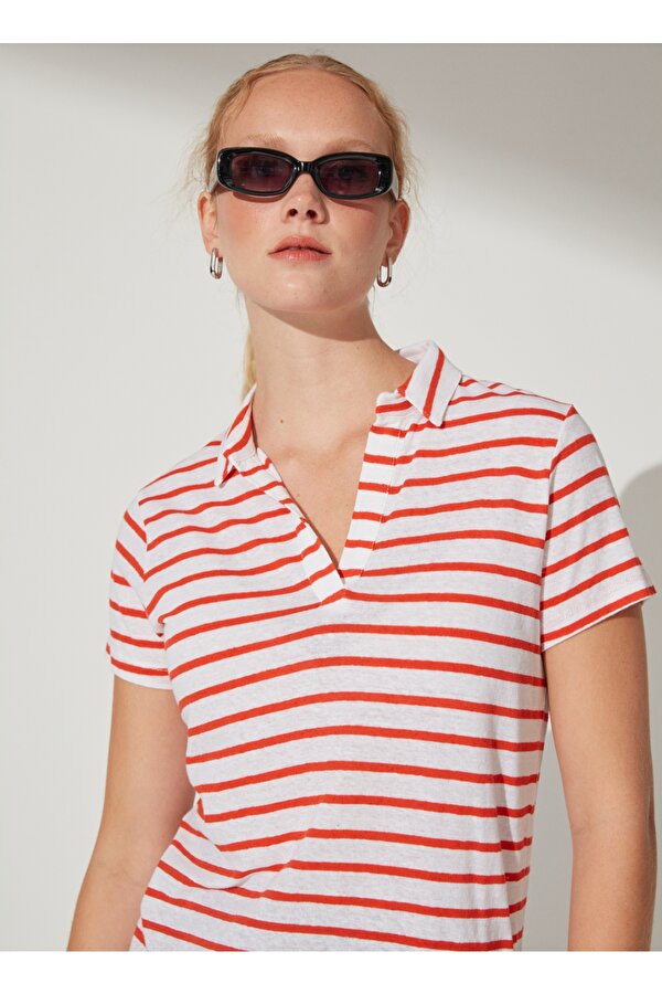 Fabrika Beyaz - Kırmızı Kadın Bisiklet Yaka Basic Çizgili Keten T-Shirt DEREK