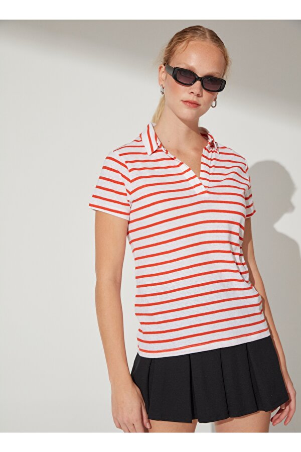 Fabrika Beyaz - Kırmızı Kadın Bisiklet Yaka Basic Çizgili Keten T-Shirt DEREK