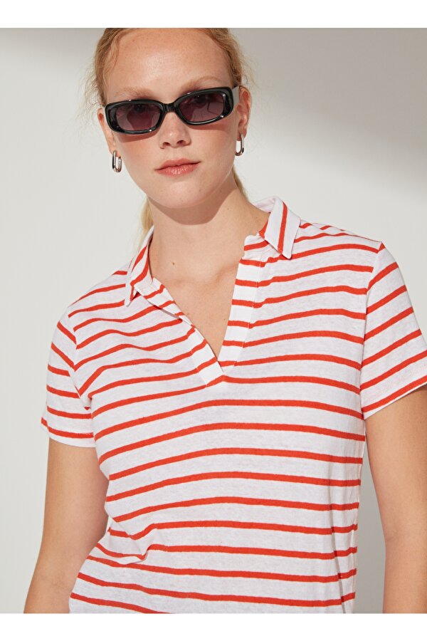 Fabrika Beyaz - Kırmızı Kadın Bisiklet Yaka Basic Çizgili Keten T-Shirt DEREK