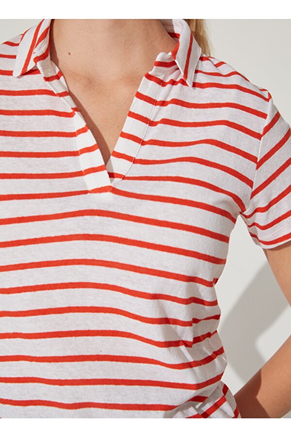 Fabrika Beyaz - Kırmızı Kadın Bisiklet Yaka Basic Çizgili Keten T-Shirt DEREK