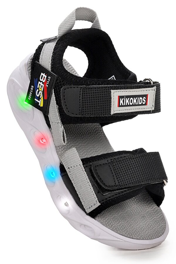 Kiko Kids Best Işıklı Kız/Erkek Çocuk Cırtlı Sandalet Ayakkabı Siyah - Gri