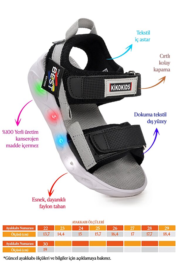 Kiko Kids Best Işıklı Kız/Erkek Çocuk Cırtlı Sandalet Ayakkabı Siyah - Gri
