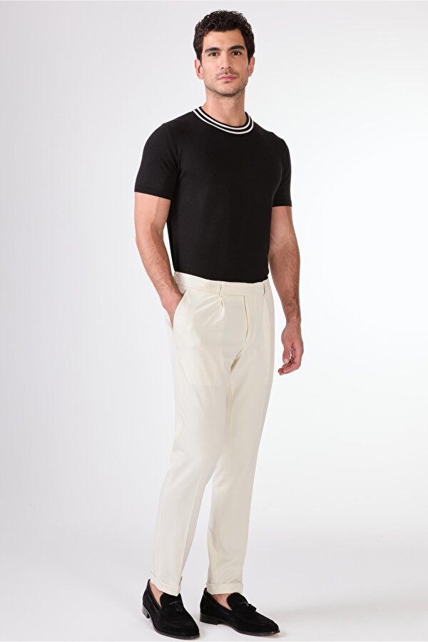 Dufy Bej Erkek Slim Fit Düz Pileli Pantolon
