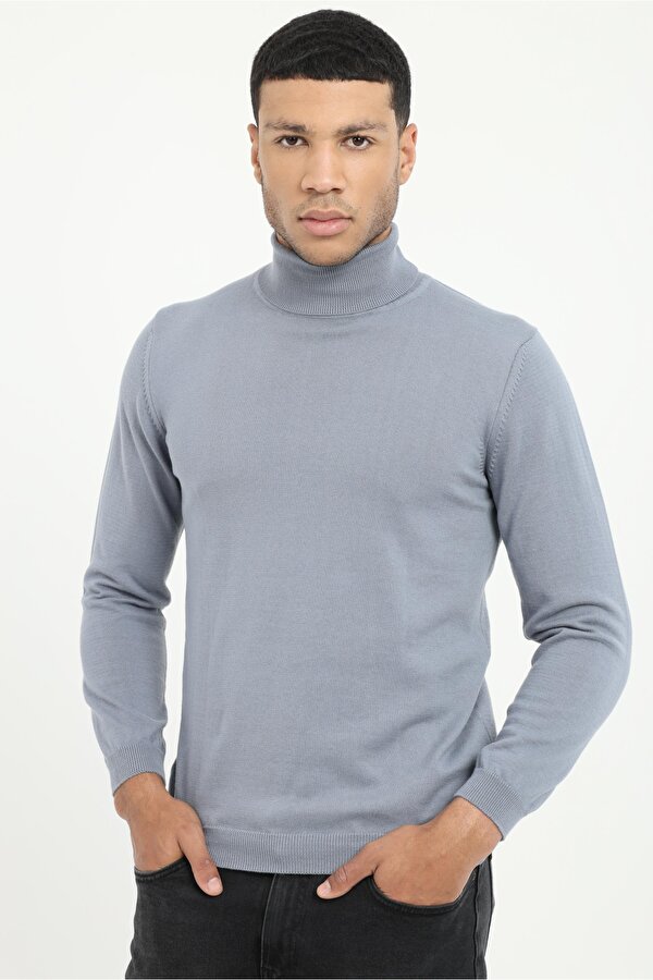 Dufy Gri Melanj Tam Balıkçı Yaka Regular Fit Düz Erkek Triko