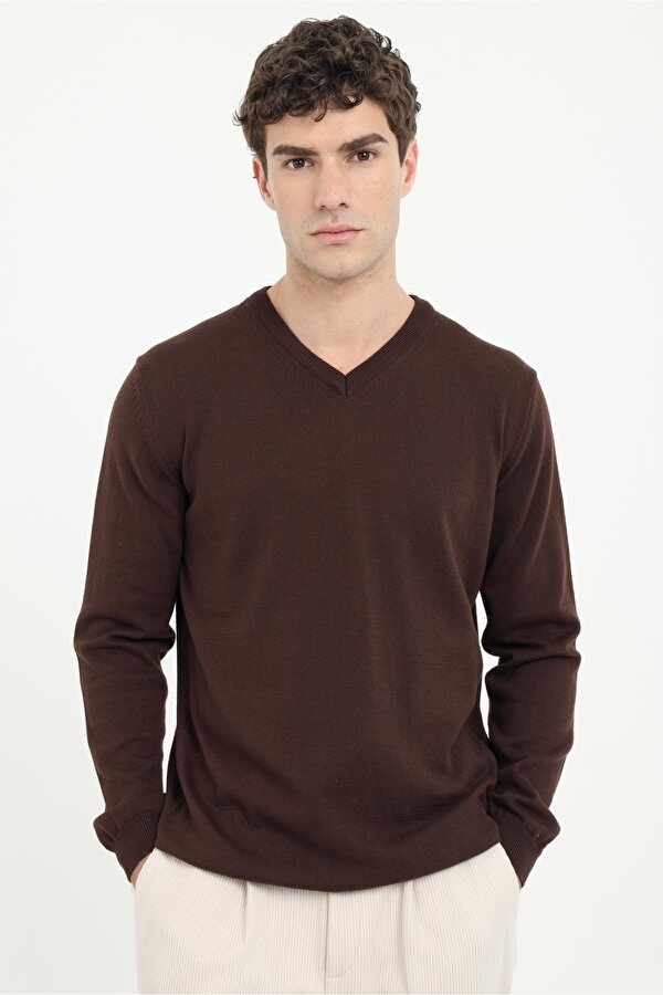 Dufy Kahve V Yaka Regular Fit Düz Erkek Triko