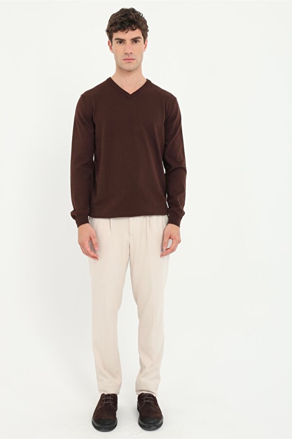 Dufy Kahve V Yaka Regular Fit Düz Erkek Triko