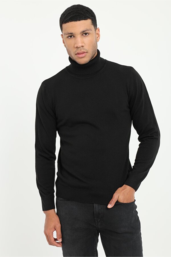 Dufy Siyah Tam Balıkçı Yaka Slim Fit Erkek Triko