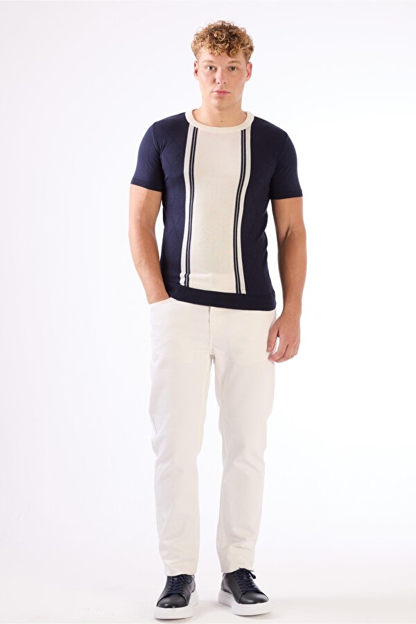 Lacivert Bisiklet Yaka Çift Renk Slim Fit Triko Tshirt