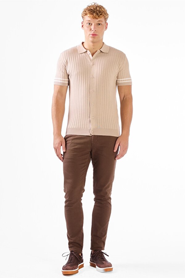 Açık Bej Polo Yaka Düğmeli Fitilli Düz Renk Slim Fit Triko Tshirt