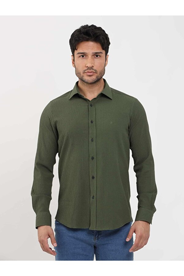 Haki Erkek Slim Fit Gofre Desenli Brent Yaka Uzun Kol Gömlek