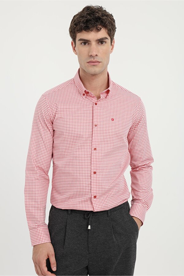 Dufy Kırmızı Erkek Slim Fit Desenli Brent Yaka Uzun Kol Gömlek