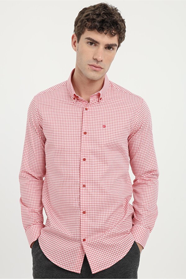 Dufy Kırmızı Erkek Slim Fit Desenli Brent Yaka Uzun Kol Gömlek