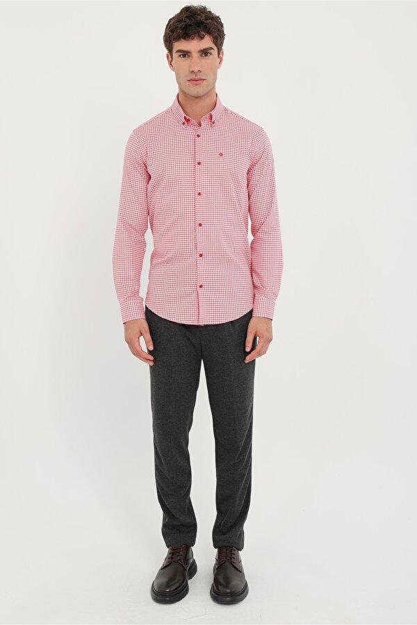 Dufy Kırmızı Erkek Slim Fit Desenli Brent Yaka Uzun Kol Gömlek