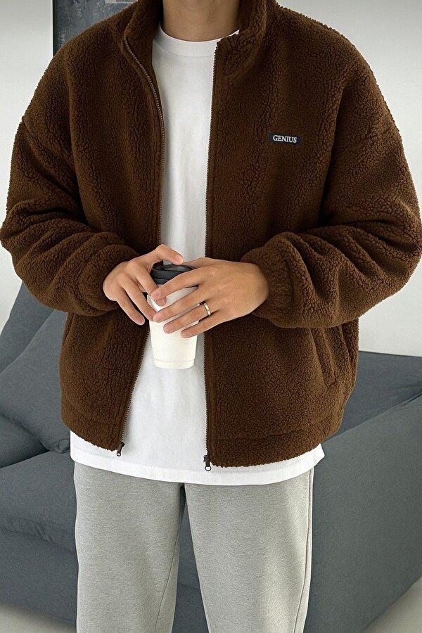 Oversize Peluş Tam Fermuarlı Sweatshirt Peluş İçi Polarlı Sherpa Kumaş Sweatshirt